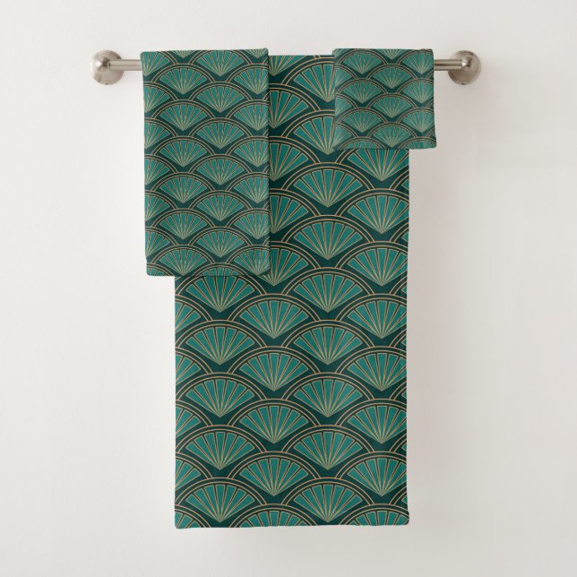 Art Deco style pattern in teal green colour Bath Towel Set (Insitu)