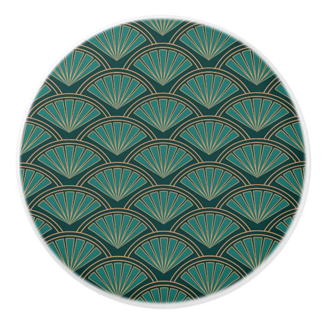 Art Deco style pattern in teal green colour Ceramic Knob (Front)