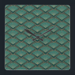 Art Deco style pattern in teal green colour  Square Wall Clock<br><div class="desc">Abstract geometric wavy pattern in Art Deco style on with teal green and copper coloured waves and fan decoration on dark teal green colour background</div>