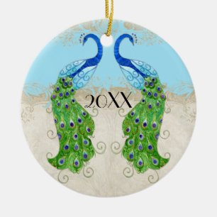 Art Deco Style Peacock Aqua Blue Vintage Lace Ceramic Ornament
