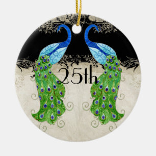 Art Deco Style Peacock Black n Cream Vintage Lace Ceramic Ornament