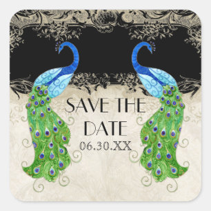 Art Deco Style Peacock Black Save the Date Seal