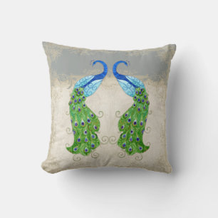 Art Deco Style Peacock Grey Vintage Lace Throw Pillow