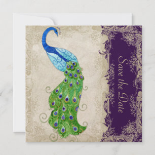 Art Deco Style Peacock Vintage Lace Dark Purple Save The Date