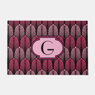 Art Deco Stylized Feather, Fuchsia Pink and Black Doormat