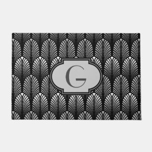Art Deco Stylized Feather, Silver Grey and Black Doormat