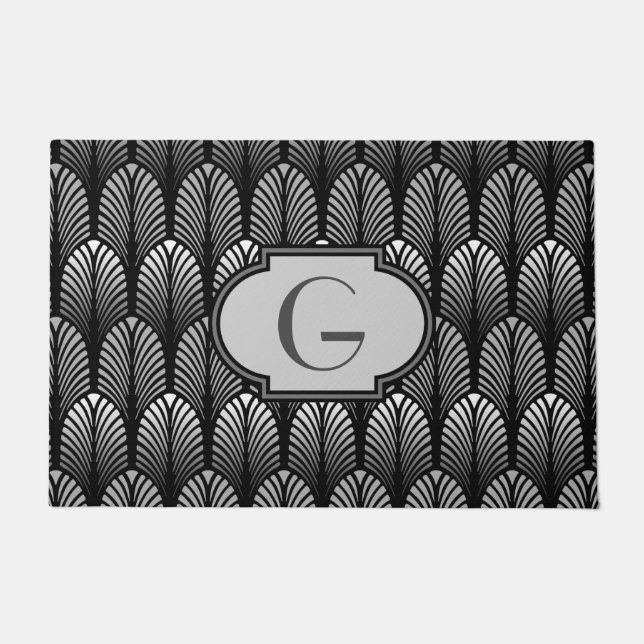 Art Deco Stylized Feather, Silver Grey and Black Doormat (Front)