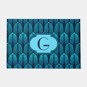 Art Deco Stylized Feather, Turquoise and Navy Doormat