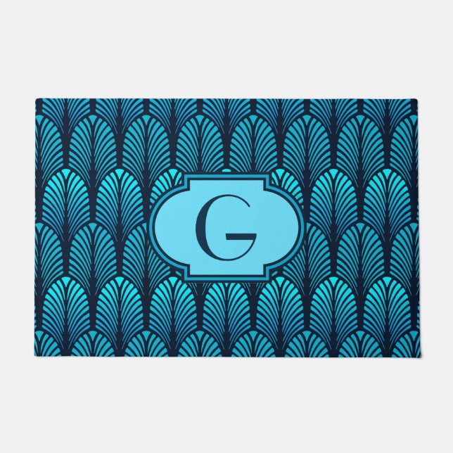 Art Deco Stylized Feather, Turquoise and Navy Doormat (Front)