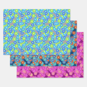 Art Deco Stylized Flower Pattern, Multi Colours  W Wrapping Paper Sheet