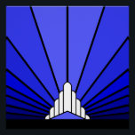 Art deco sun in blue poster<br><div class="desc">A classic art deco style sun pattern in blue. 

An iconic pattern of the sun rising from behind a stylized art deco shaped building. A simple yet elegant design,  true to the era.</div>