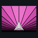 Art deco sun in pink poster<br><div class="desc">A classic art deco style sun pattern in pink. 

An iconic pattern of the sun rising from behind a stylized art deco shaped building. A simple yet elegant design,  true to the era.</div>