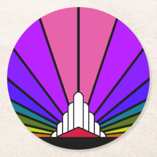Art deco sun in rainbow round paper coaster