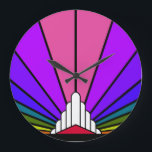 Art deco sun in rainbow Wall Clock<br><div class="desc">A classic art deco style sun pattern in rainbow. 

An iconic pattern of the sun rising from behind a stylized art deco shaped building. A simple yet elegant design,  true to the era.</div>