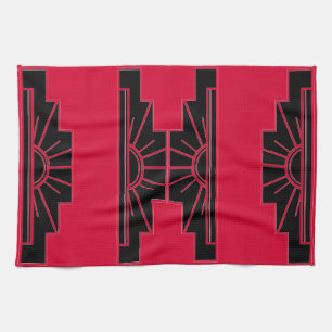 Art Deco Sunburst Pattern in Red and Black Kitchen Towel