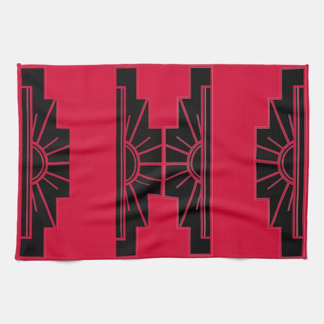 Art Deco Sunburst Pattern in Red and Black Kitchen Towel (Horizontal)