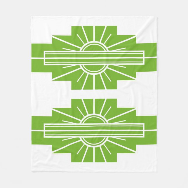 Art Deco Sunburst Pattern in White and Lime Fleece Blanket (Front)