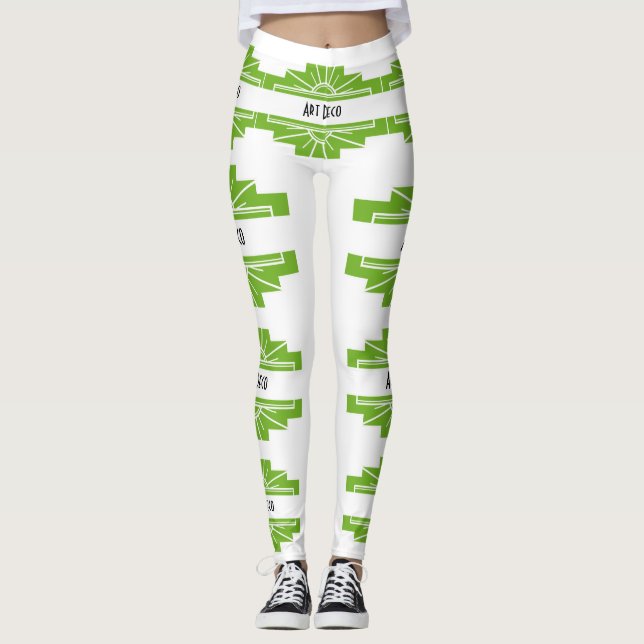 Art Deco Sunburst Pattern in White and Lime Leggings (Front)