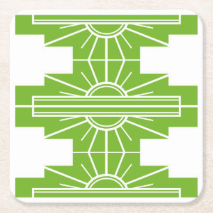 Art Deco Sunburst Pattern in White and Lime Square Paper Coaster