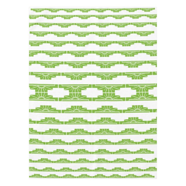 Art Deco Sunburst Pattern in White and Lime Tablecloth (Front)