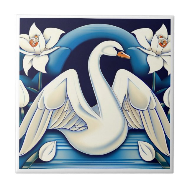 Art Deco Swan and Lilies Tile (Front)