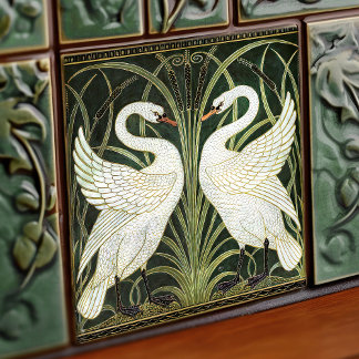Art Deco Swans Wall Decor Art Nouveau Green Tile