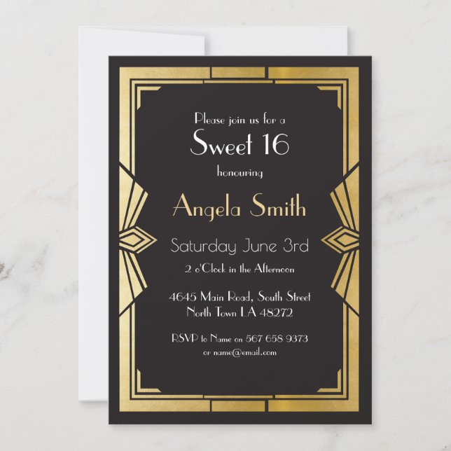 Art Déco Sweet 16 Party Gatsby Black Invitation de (Devant)