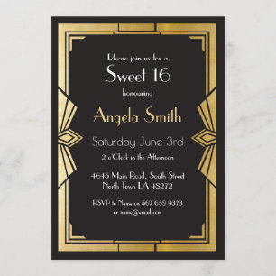 Art Déco Sweet 16 Party Gatsby Black Invitation de