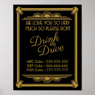Art déco Taxis mariage signe ne pas boire et condu