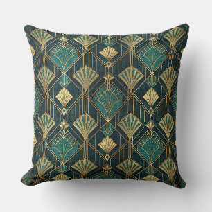 Art Deco Teal and Gold Geometric Abstract Pattern Throw Pillow