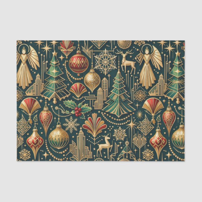 Art Deco Teal Gold Christmas Ornament Illustration Tissue Paper (Front)