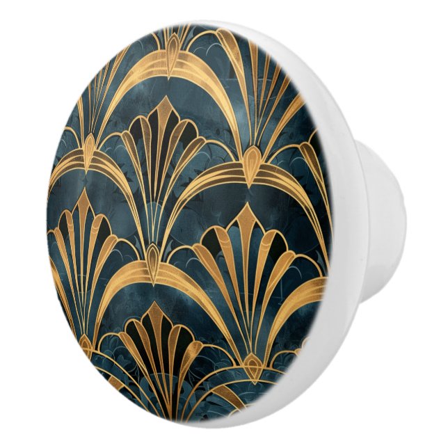 Art Deco Teal Gold Fan Pattern Design Ceramic Knob (Right)