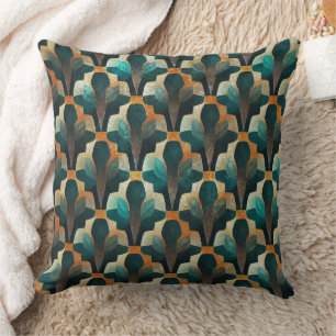 Art Deco Teal & Gold Geometric Pattern Throw Pillow