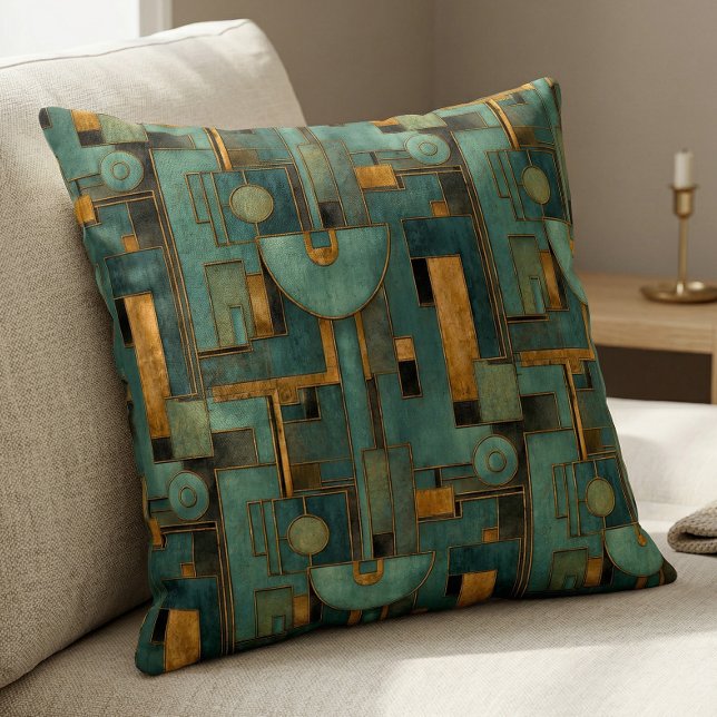 Art Deco Teal Gold Geometric Pattern Throw Pillow (Creator Uploaded)