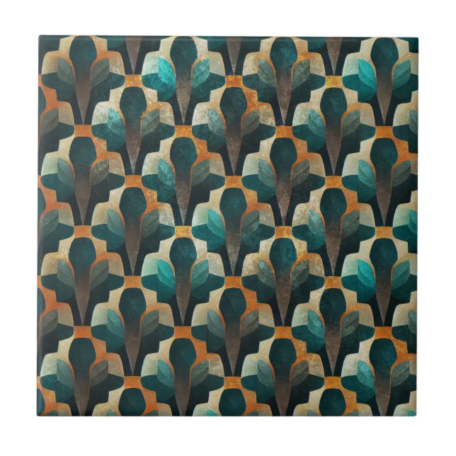 Art Deco Teal & Gold Geometric Pattern Tile (Front)