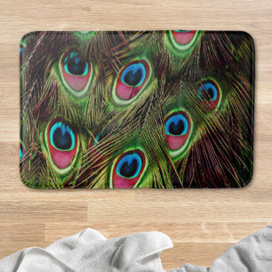 art deco teal green turquoise peacock feather bath mat