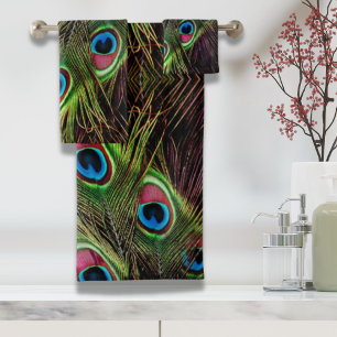 art deco teal green turquoise peacock feather bath towel set