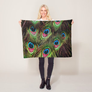 art deco teal green turquoise peacock feather fleece blanket