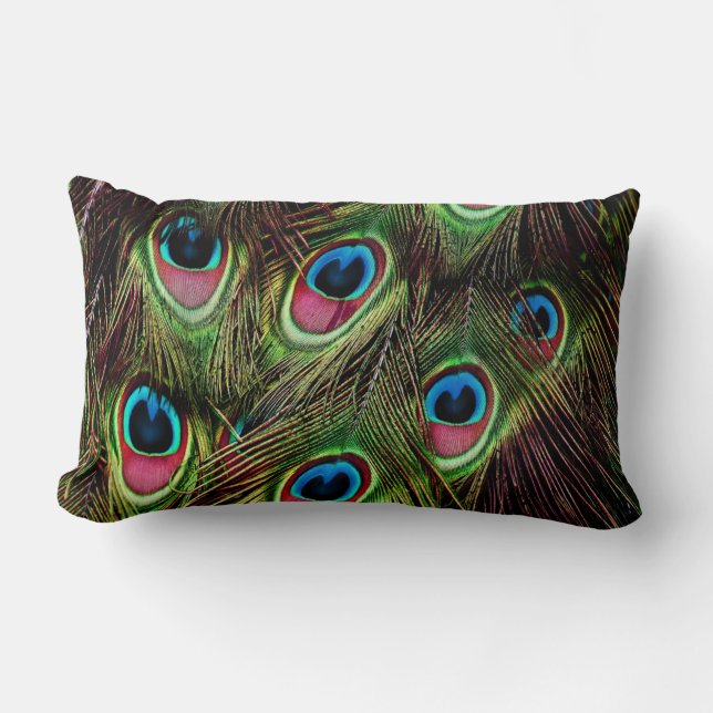 art deco teal green turquoise peacock feather lumbar pillow (Front)