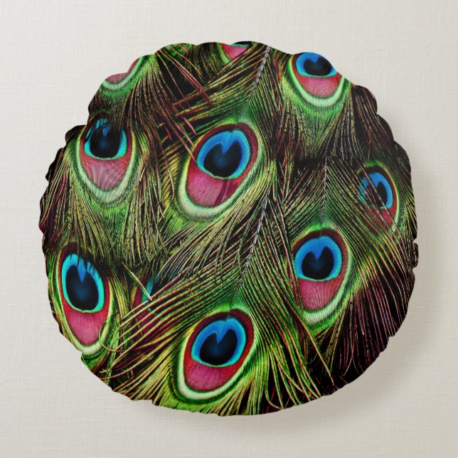 art deco teal green turquoise peacock feather round pillow (Front)