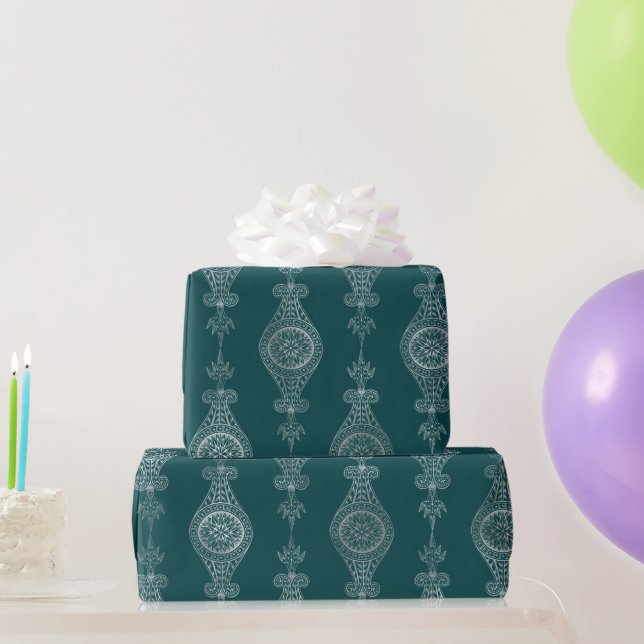 Art Deco Teal Silver Floral Wrapping Paper (Party Gifts)
