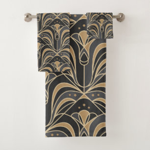 Art Deco Tile Floral. Bluebell flower Bath Towel Set