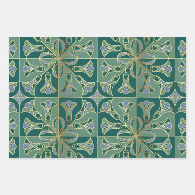 Art Deco Tile Floral. Green, Blue and Gold Wrapping Paper Sheet (Front)
