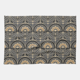 Art Deco Tile Floral (grey and sand) Kitchen Towel
