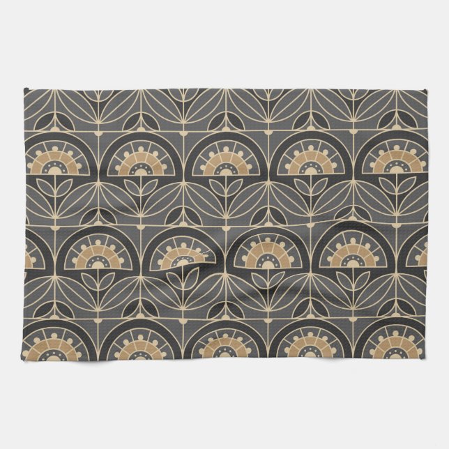Art Deco Tile Floral (grey and sand) Kitchen Towel (Horizontal)