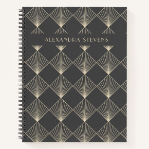 Art Deco Tile Line Art in Black Gold Personalized  Notebook
