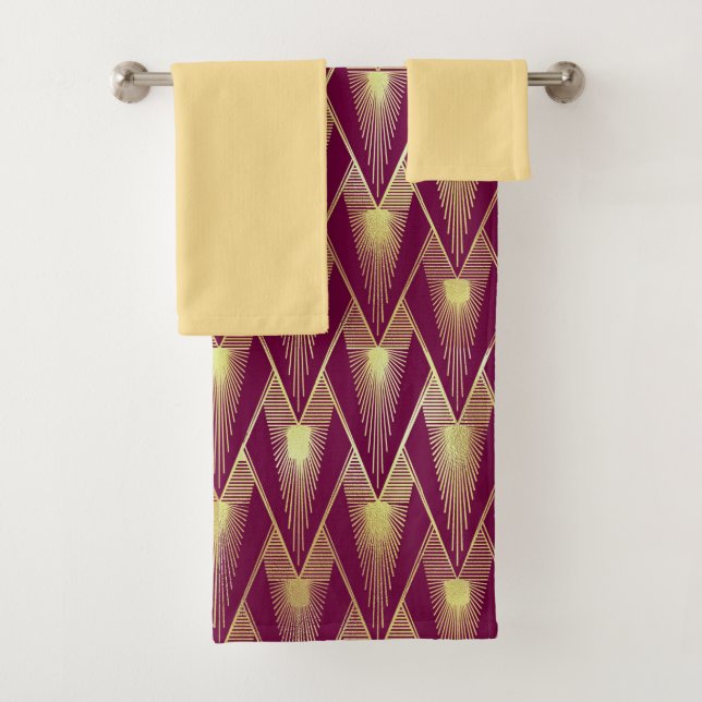 Art Deco Towel Set Yellow and Maroon. (Insitu)