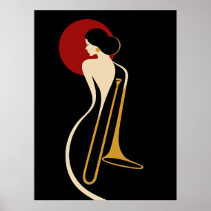Art Deco Trombone Lady – Minimalist Jazz Music Ill Poster
