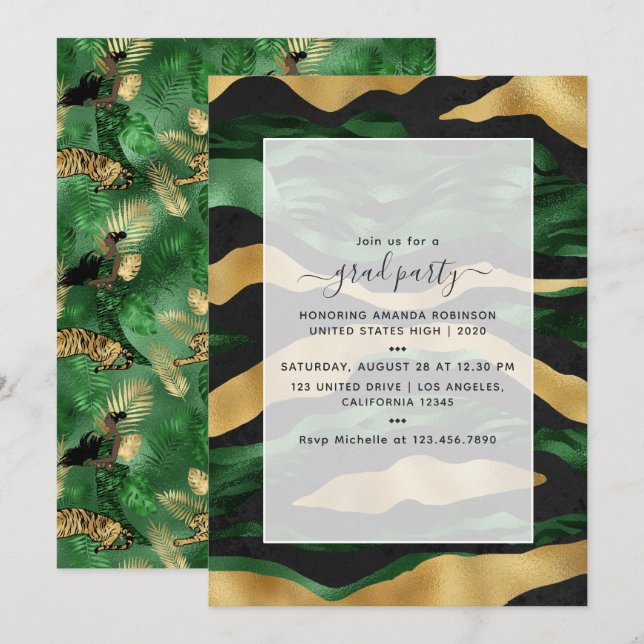 Art Deco Tropical Green and Gold Tiger Graduation Invitation (Front/Back)