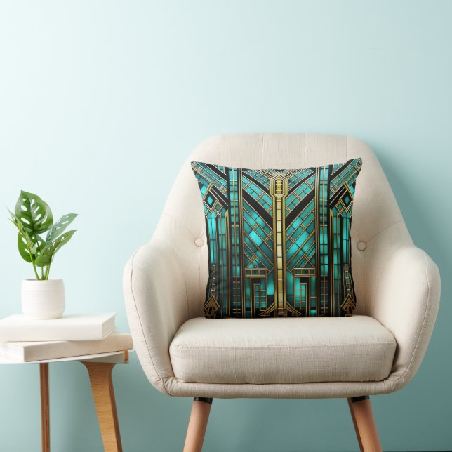 Art Deco Turquoise Gold Black Geometric Throw Pillow (Chair)